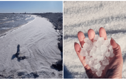 Las costas del Lago Epecuén se tiñeron de «nieve de sal»